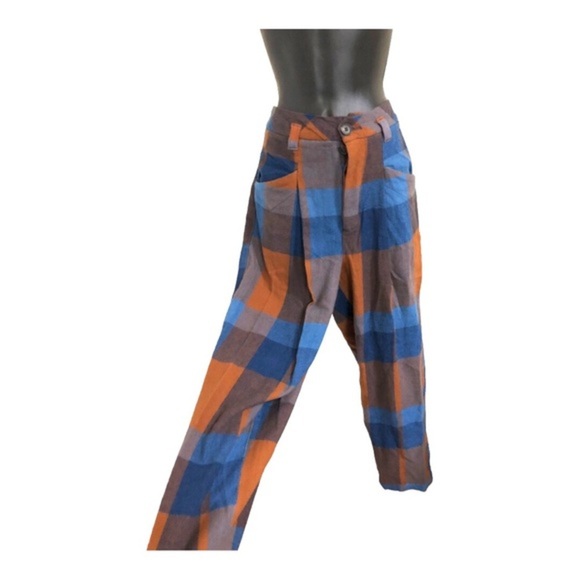 Free People cass brown blue plaid look slouchy midrise tapered trouser pants sz4 - Picture 11 of 13